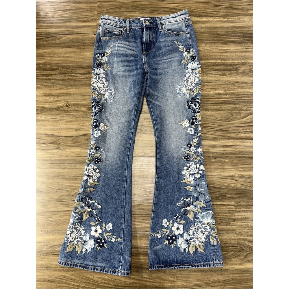 Driftwood Farrah Embroidered Flare Jeans Hippie Floral Boho 70s Stretch Sz 25x32